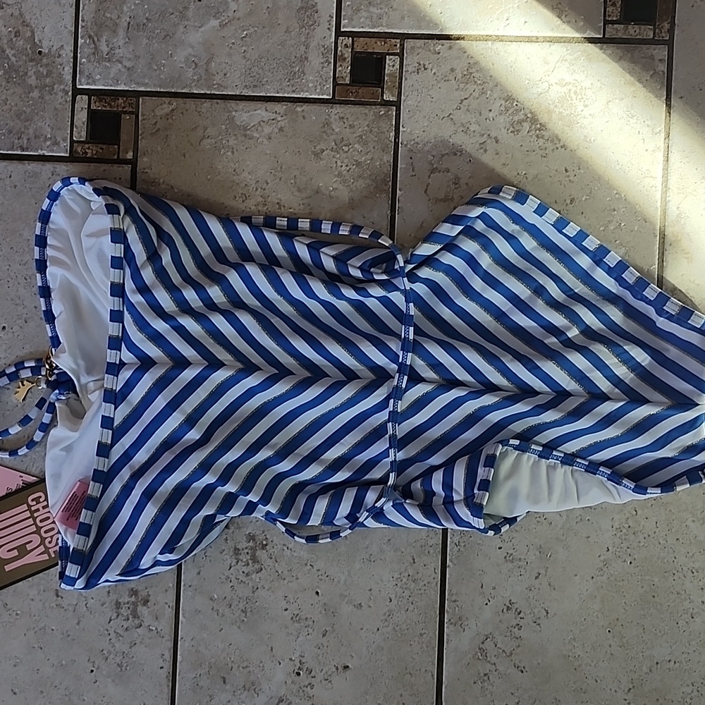 NWT Juicy Couture One Piece Blue & White Gold Tone Chain Halter Neck Swimsuit - Picture 11 of 16